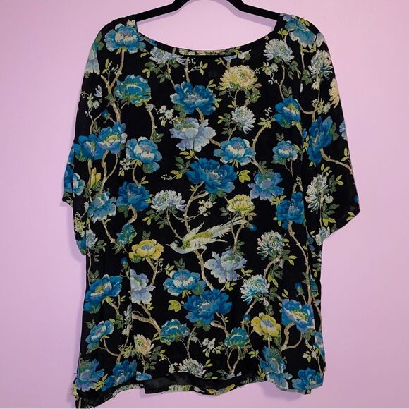 J. Jill Tops - J Jill XLP Black Floral Blouse Short Sleeve Tunic Top